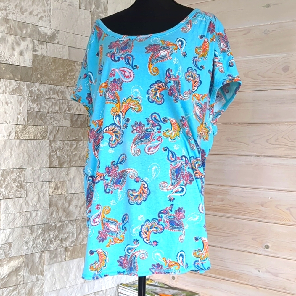 Woman Within Boho Aqua Paisley Short Sleeve Tunic Top Size 26/28 2X,  Print EUC